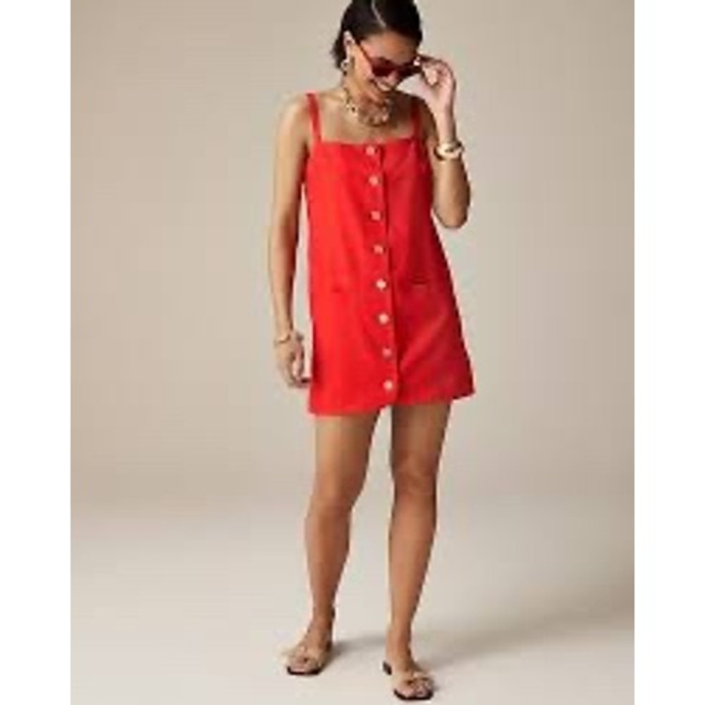 J.Crew Claudia Mini Dress Women XL Red Linen Button Front Coastal Quiet Luxury